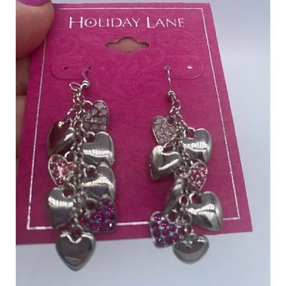 Holiday Lane Silver-tone Pave Rhinestone Heart Shaky Charm Linear Drop Earrings - Picture 8 of 8